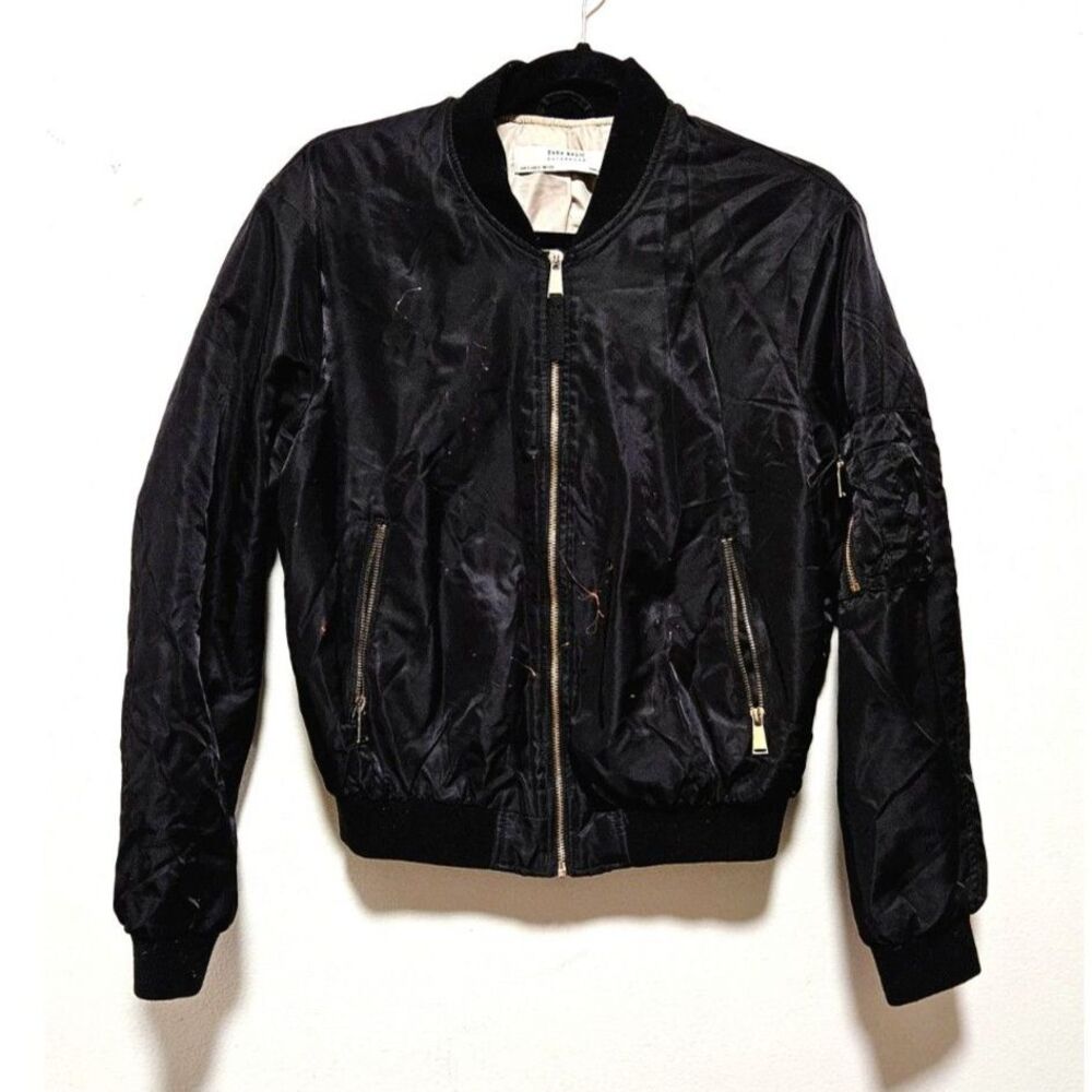 Zara Black Nylon Bomber Flight Jacket MA-1 Style S